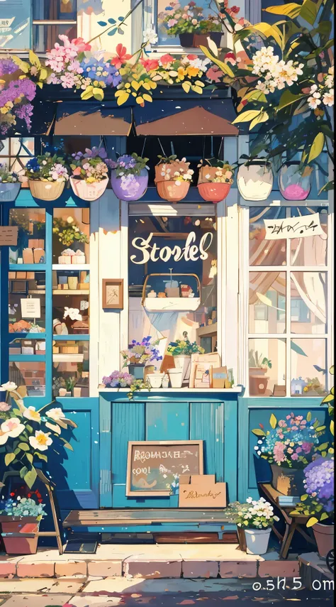 There is a painting of a storefront，Flowers on the window, cozy cafe background, flower shop scene, cute bakery shop, Anime background art, pastel style painting, cottagecore!!, cottagecore, beautiful aesthetic art, painting illustration, dreamy aesthetic,...