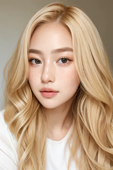 realistic portrait photo of beautiful woman with blonde hair, hair roots slightly faded, Malaysian, influencer, light freckles, brown eyes, no makeup, Instagram