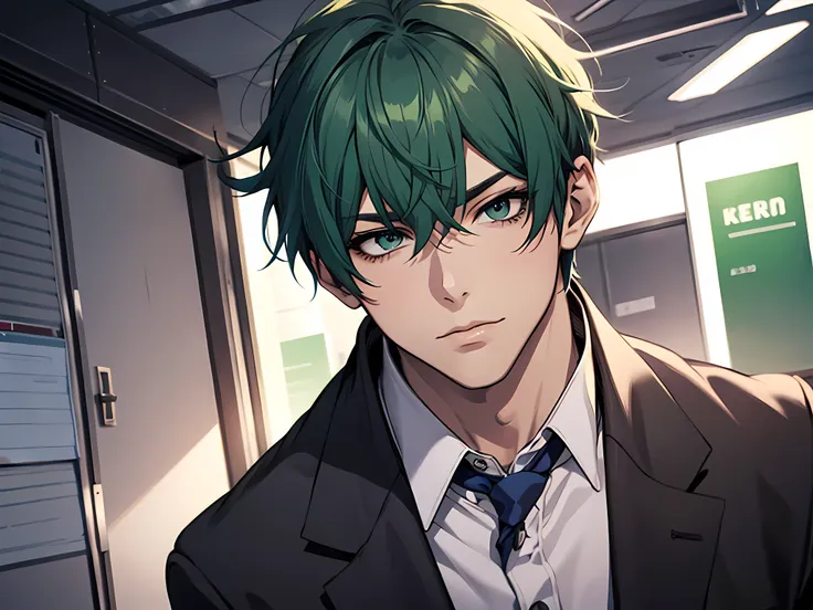 1 man, salaryman, green hair, short hair, working in office, face to detail, detailed eyes, the background is in office, half-bo...