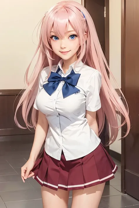 Realistic Picture of Ichinose Honami, Female anime character, classroom of the elite character, High School student, 17 years,standing, have long pink hair, violet blue eyes, smiling mouth, happy face, happy expression, left hand behind his back, wear scho...