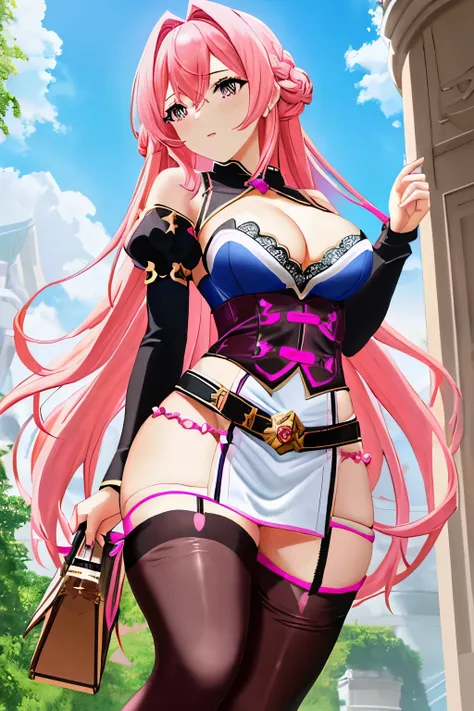 (Goddess figure:1.1), (Pink hair:1.2), (Gigantic breasts:1.3), (Cleavage:1.4), (Small waist:1.5), (Thigh-high stockings:1.6),

Masterpiece depiction:
A divine goddess stands before you, her pink locks cascading down her back, framing her ethereal face. Her...