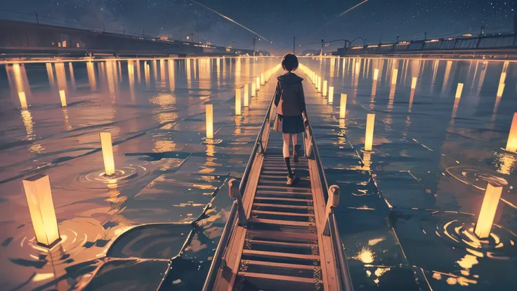 Cartoon train passing through body of water on rails, bright starry sky. pink romantic train, Picture of Makoto Shinkai, pure, concept art, Lofi Art style, reflection.，Shinkai Makoto animation art style, Lofi Art, beautiful anime scene, anime scenery, deta...