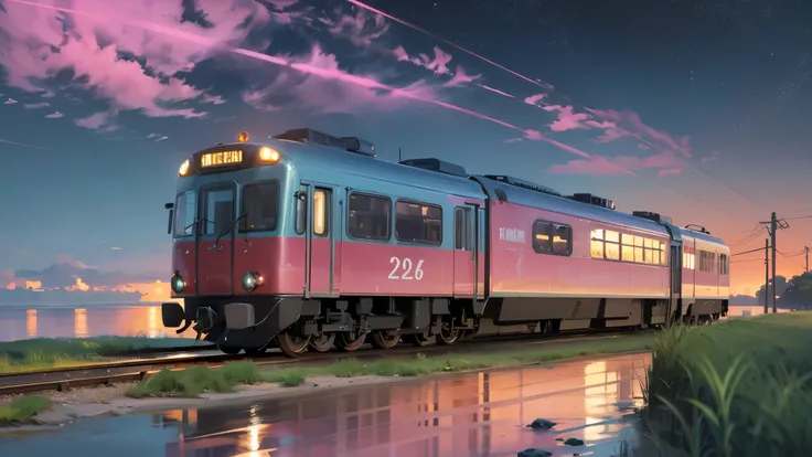 Cartoon train passing through body of water on rails, bright starry sky. pink romantic train, Picture of Makoto Shinkai, pure, concept art, Lofi Art style, reflection.，Shinkai Makoto animation art style, Lofi Art, beautiful anime scene, anime scenery, deta...