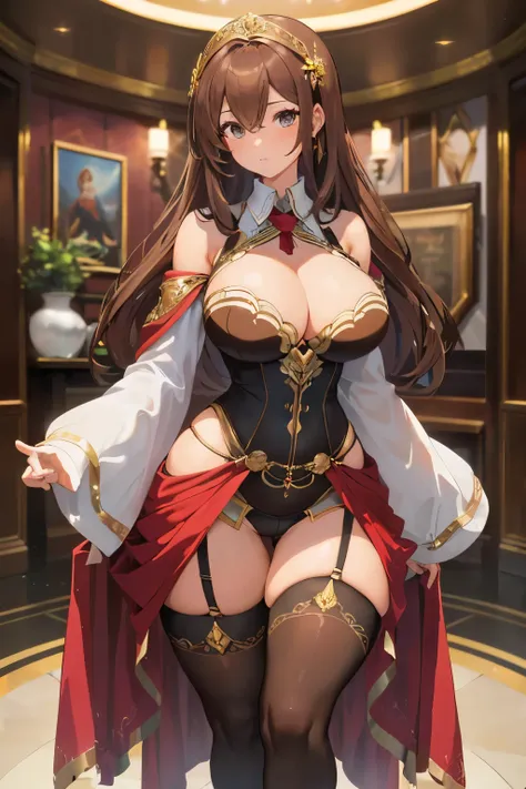 masterpiece, best quality, finely detailed, high resolution, (goddess), (brown hair), (gigantic breasts), prominent cleavage, (small waist), (thigh high stockings)

(This description captures the goddess figure with brown hair and her breathtakingly large ...