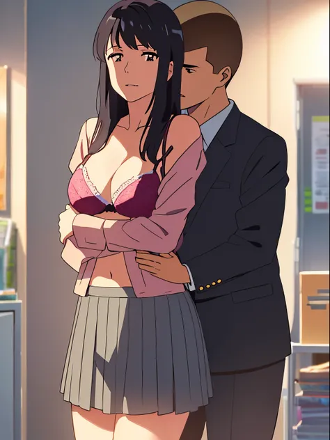 shinkai makoto, kimi no na wa., 1boy, buzzcut,office suit, boy caressing girls body, kiss cheeks, passionate hug, boy is hugging from behind, breast groping from behind, 1girl, bangs, black hair, brown eyes, Twisted Half Up, red ribbon, long hair, loing sl...