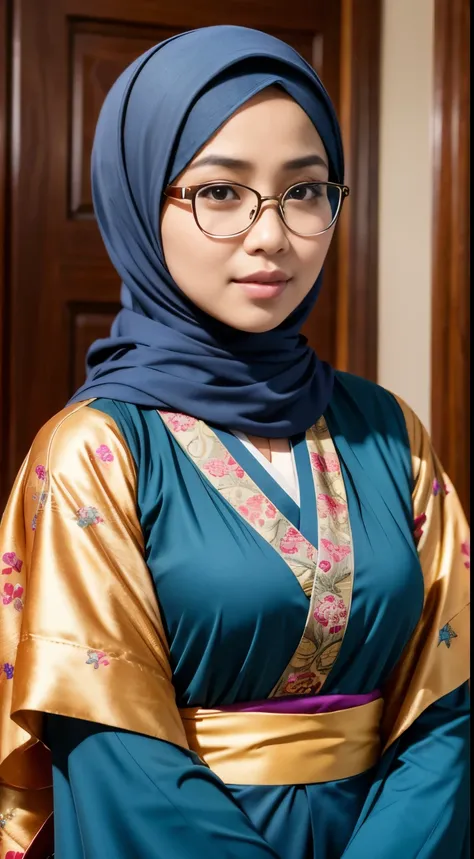 (iu:0.6), RAW, Best quality, high resolution, Masterpiece: 1.3, Beautiful glasses javanese woman in colorful hijab, Masterpiece, Perfect slim body, Beautiful big eyes, Soft smile, Wearing open chest kimono