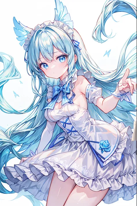 ((masterpiece)), ((best quality)), ((ultra detailed)), cute girl, light-blue long hair, beautiful light-blue eyes, maid costume, ribbons, angel wing, 🩵🤍, ((simple white background))