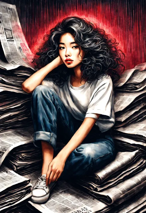 (Graphite painting), (A beautiful charming girl sits cross-legged on a mountain of old newspapers in the basement), (She is wearing a white crew neck shirt and jeans), A young and wild Asian face, Slightly mixed face shape, (Slightly square chin: 0.4), Mes...