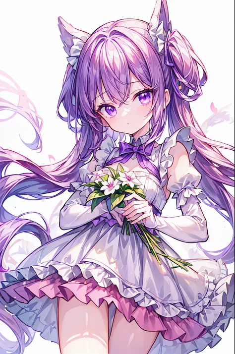 ((masterpiece)), ((best quality)), ((ultra detailed)), cute girl, light-purple long hair, beautiful light-purple eyes, maid costume, ribbons, angel wing, 🤍, ((simple white background)), (holding a light-purple bouquet)