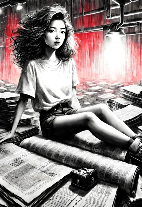 (Graphite painting), (A beautiful charming girl sits cross-legged on a mountain of old newspapers in the basement), (She is wearing a white crew neck shirt and jeans), A young and wild Asian face, Slightly mixed face shape, (Slightly square chin: 0.4), Mes...