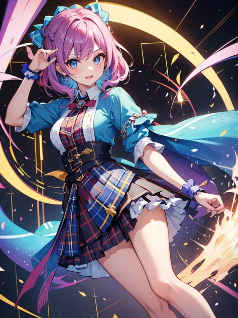 1girl, colorful hair, colorful eyes, ((scottish style dress)), ((idol)), magical girl