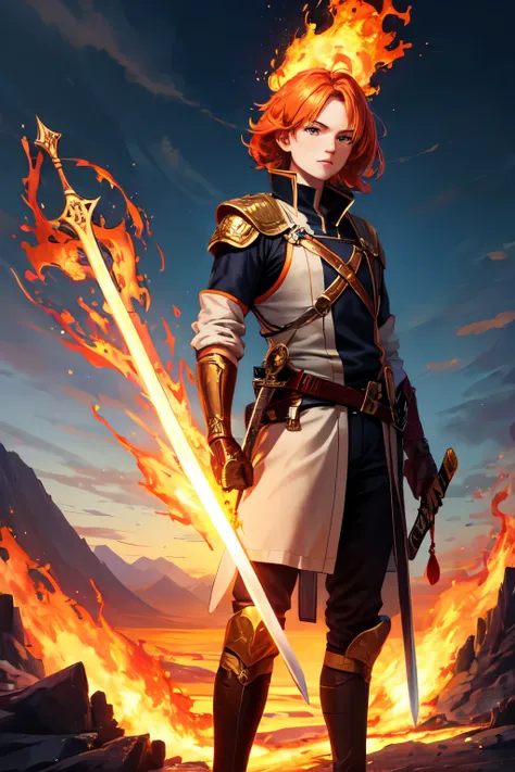 ((best quality)), ((masterpiece)), (detailed), perfect face

In the image, a young person with bright orange hair and a sword is standing in front of a fiery mountain landscape.