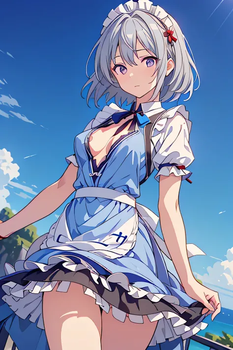 ((16 Nights Sakiya)), ((Touhou Project)), Cosplay, 20-year-old woman, (((gray hair)), ((medium spiky hair)), ((blue maid outfit)), ((white blouse)), midchest, (light)))), (pose))), (photorealistic photo: 1.3), rim lighting, (high detail skin:1.2), 8K UHD, ...