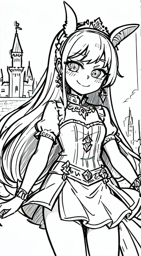 castle background, monochrome, line drawing, ((sketch)), long hair, jewelry, blushing, cute, smug, smile, rolling eyes, earring, dress, miniskirt, goat horn 