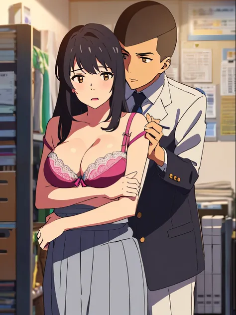 shinkai makoto, kimi no na wa., 1boy, buzzcut,office suit, boy caressing girls body, kiss cheeks, passionate hug, boy is hugging from behind, breast groping from behind, 1girl, bangs, black hair, open mouth, brown eyes, Twisted Half Up, red ribbon, long ha...