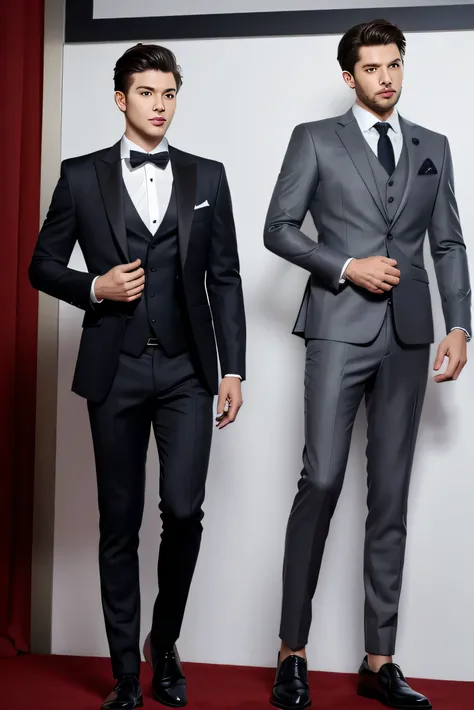 Best quality men&#39;s suits，suit，suit，A full-body view from head to toe，design diagram，Renderings，Style drawing，upscale，high-end，atmosphere，Black