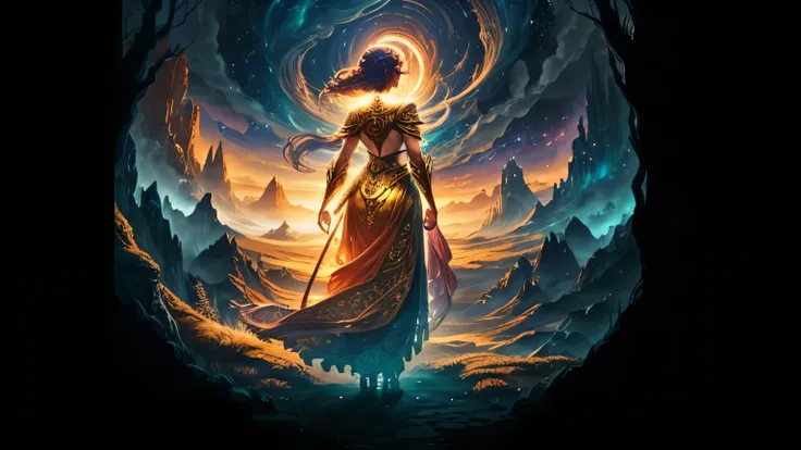 Gere uma imagem apresentando uma mulher de costas voltadas para um vasto, mythologically inspired landscape, looking at a big light in the sky. The scene should evoke a mythical environment, drawing inspiration from ancient tales and symbols. Integrate myt...