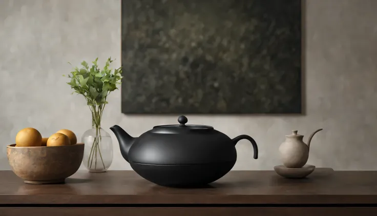 桌子上有一个茶Connor和一个碗, Roman Brooke&#39;still life painting, Trending on Polycount, Minimalism, large black Connor on hearth, Connor, Product renderings, 茶Connor, V-rays, V-rays, 茶Connor : 1, Product design renderings, Maximum 3 days + V-rays, Ultra-realistic ...