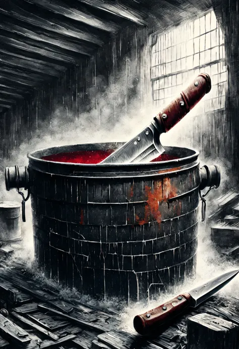 (Graphite painting), (A big old iron pot is boiling red water in the basement), (There is a huge knife stuck in the broken iron pot: 1.37), scary, (Industrial lights on the roof emit a dim, weak red light: 1.0), Extra Large Chef's Knife,
background: ma...