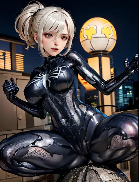 4K，realistically，charming，very detailed，There is a girl in Dingcheng，white hair，Wearing black costume，（black and white：1.4）,Clothes torn at night,symbiont，poison，lots of mucus,She is a hero，(Spider-Man fought fiercely with the symbiont. To get rid of the v...