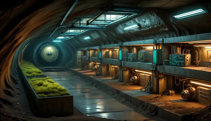 Underground bomb shelters,Hidden underground military research base,underground combat headquarters,High-tech electronic instruments,future military equipment,steampunk machine structure,(Sectional view of the Underground Science Institute:1.5),Underground...