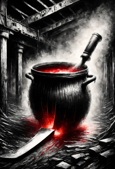 (Graphite painting), (A big old iron pot is boiling red water in the basement), (There is a huge knife stuck in the broken iron pot: 1.37), scary, (Industrial lights on the roof emit a dim, weak red light: 1.0), Extra Large Chef's Knife,
background: ma...
