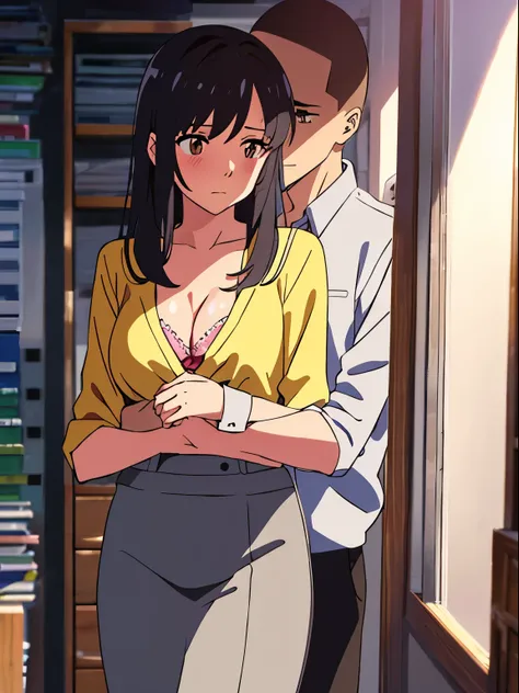 shinkai makoto, kimi no na wa., 1boy, buzzcut,office suit, boy caressing girls body, kiss cheeks, passionate hug, boy is hugging from behind, breast groping from behind, 1girl, bangs, black hair, brown eyes, Twisted Half Up, red ribbon, long hair, yellow b...