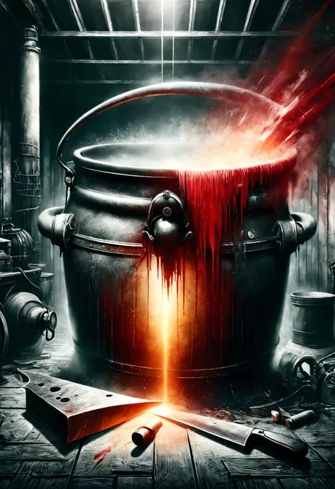 (Graphite painting), (A big old iron pot is boiling red water in the basement), (There is a huge knife stuck in the broken iron pot: 1.37), scary, (Industrial lights on the roof emit a dim, weak red light: 1.0), Extra Large Chef's Knife,
background: ma...