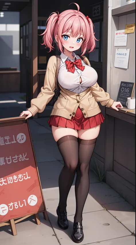 an enchanting visual unfolds, full figure, full body, a very sexy cartoon stands on a small stool, 1girl,red bowtie, brown cardi...