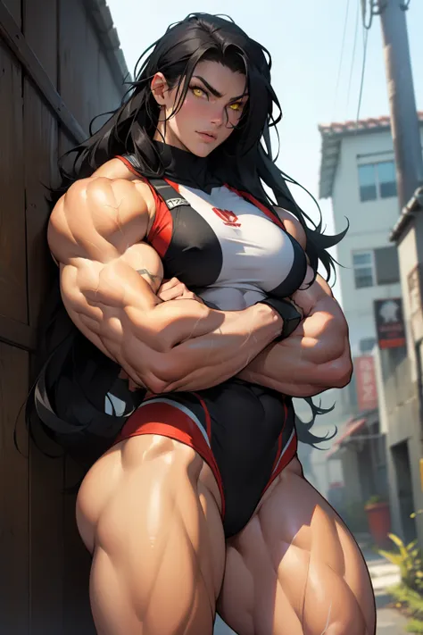 black hair, very long hair, yellow eyes, thick thighs, huge breasts, ((((muscular)))), pale skin, toned body, 1 girl