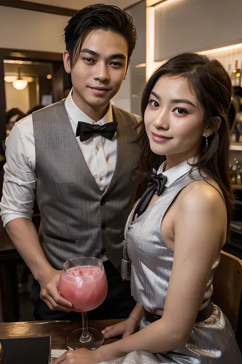 20 years old young Asian man bar tender has clean shaved face and big wide eyes. He is wearing silver color vest and black bow tie. He is mixing a cocktail drink for a young Japanese woman sitting in front of him. They are looking each other smiling. The J...