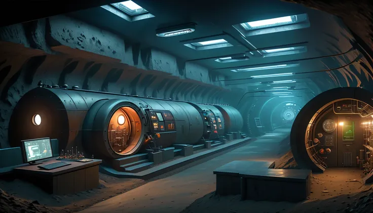 Underground bomb shelters,Hidden underground military research base,underground combat headquarters,High-tech electronic instruments,future military equipment,steampunk machine structure,(Sectional view of the Underground Science Institute:1.5),Underground...