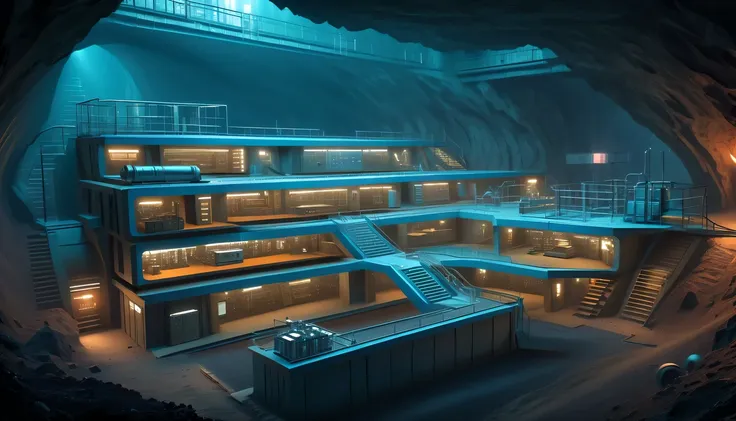 Underground bomb shelters，Hidden underground military research base，underground combat headquarters，High-tech electronic instruments，future military equipment，steampunk machine structure，(Sectional view of the Underground Science Institute:1.5),Underground...