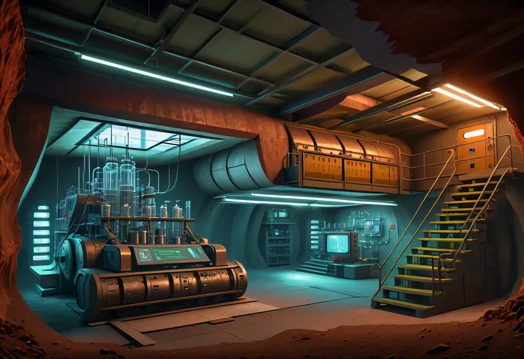 Underground bomb shelters，Hidden underground military research base，underground combat headquarters，High-tech electronic instruments，future military equipment，steampunk machine structure，(Sectional view of the Underground Science Institute:1.5),Underground...