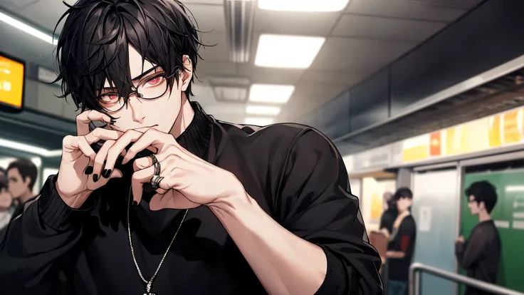 1 guy, black jeans, black sweater, press, Thin, pale, rings on fingers, black nails, Glasses, black hair, a little sporty, Glass eyes, portrait, cinematic lighting, Blur background, Best quality, Brown eyes, in a subway 