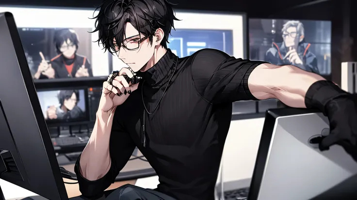 1 guy, black jeans, black sweater, press, Thin, pale, rings on fingers, black nails, Glasses, black hair, a little sporty, Glass eyes, cinematic lighting, Blur background, Best quality, Brown eyes, in the computer club, at computer, headphones,