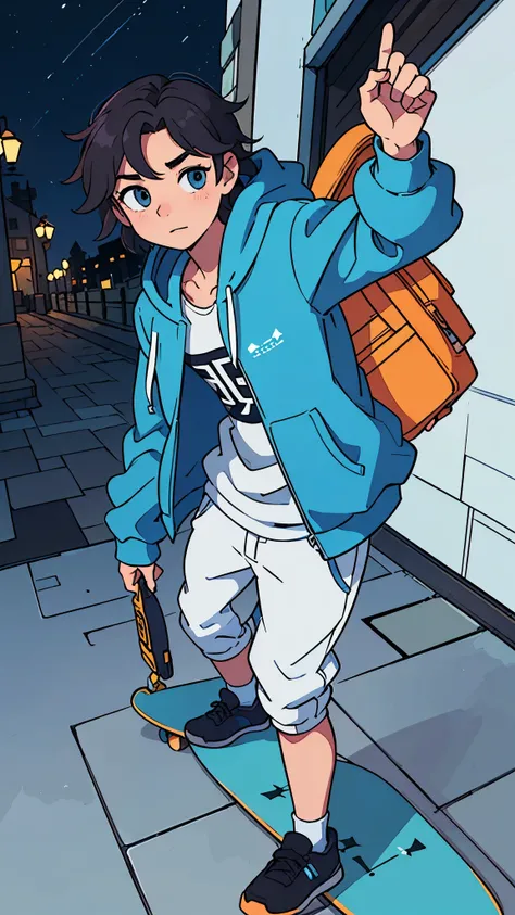 (best quality:0.8) perfect animated illustration, (best quality:0.8) perfect animated illustration, un joli, homme grand  heureux avec des cheveux bruns courts,  yeux brun, carrying a skateboard in hand, dans une ville, la nuit, seuls, wear a hoodie.