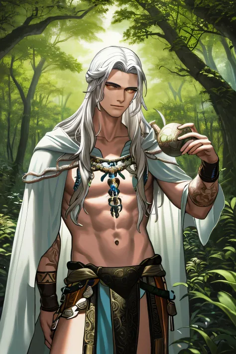 (Best quality, high-definition illustration), (Super fine and intricate details), (Masterpiece portrayal),

A young man, clad in loincloth and adorned with shaman medals,

Steps deep into the forest, his dark skin glistening under the canopys shade,

His e...