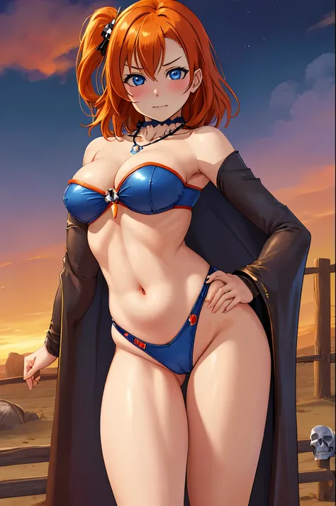 Masterpiece,best quality,Kousaka honoka, cowboy shot,(big breasts), split breasts,blue eyes, orange hair, hair ornament,curvy body,wide hips,thighs, sexy, strapless leotard, cape, skull necklace , standing,hand on hip ,evil, smoke,dark sky with dark magic,...