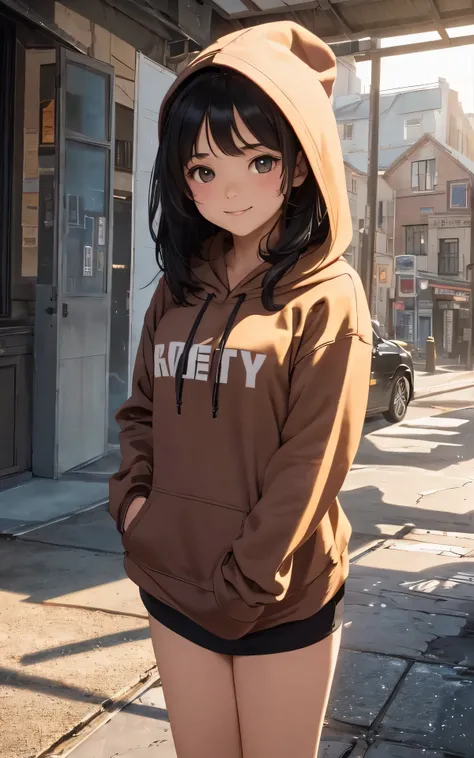 Unity 16K Wallpaper, Masterpiece, Best Quality, Ultra-Detailed, Extremely Detailed CG, Caustics, Cinematic Lighting, Detailed, Beautiful Detailed Eyes, 1girl, brown eyes, adorable, photorealistic, small breasts, (young girl, Hoodie, beautiful black hair:1....