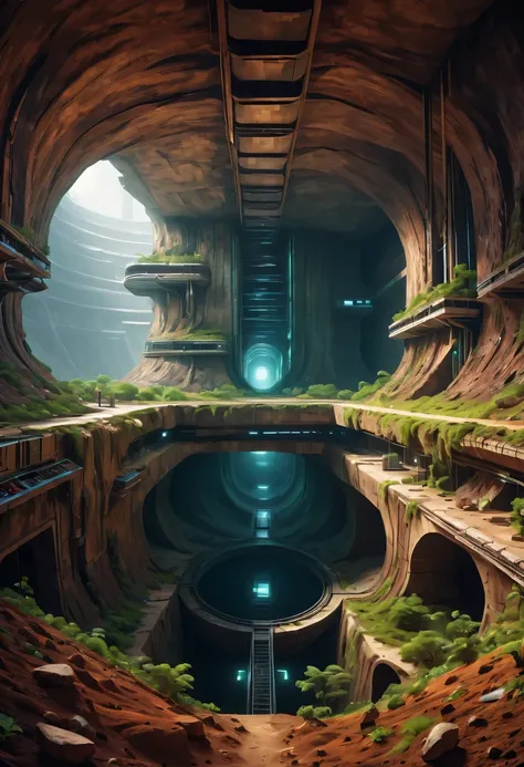 deep into the earth&#39;crust，Ant nest structure，chaining，Sectional view of the Underground Science Institute，Consists of multiple tunnels and rooms，sense of technology，futuristic