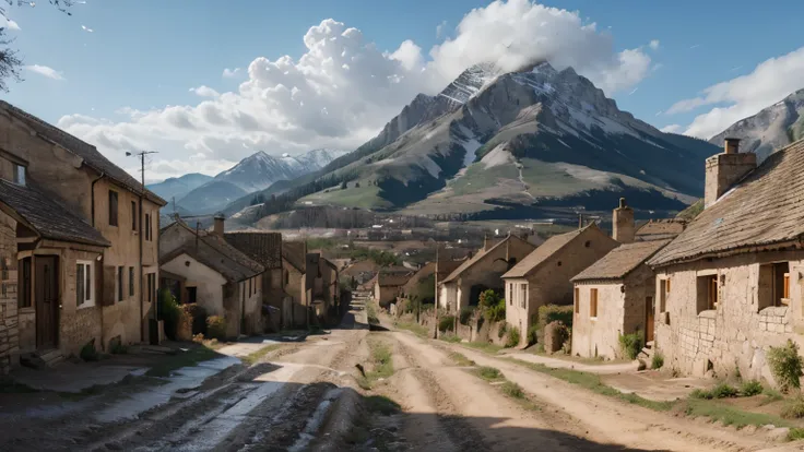 image of a medieval village, streets with mud, reflecting the landscape of several houses on both sides of the street, crooked trees, mountains in the background, many clouds, high detail, super realistic style, 4k.