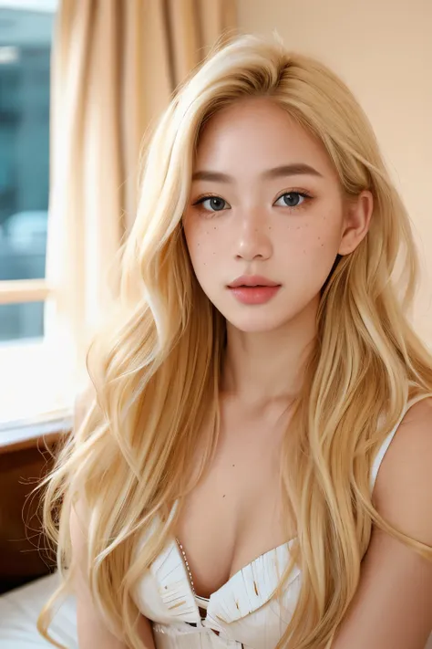 realistic portrait photo of beautiful woman with blonde hair, hair roots slightly faded, Malaysian, influencer, light freckles, brown eyes, candid, waist-up shot, dim lights, cinematic lighting, bedroom, no makeup, Instagram