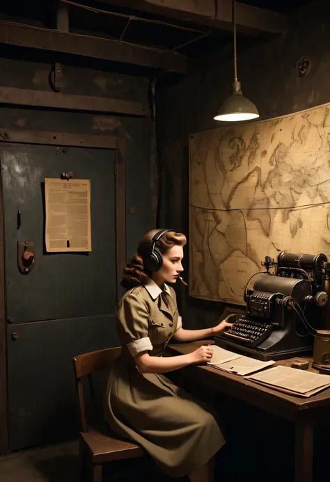 More than 40 years old，Telegraph used underground to send messages in dark tunnels，Female spy wearing headphones，underground combat headquarters，old map hanging on the wall，