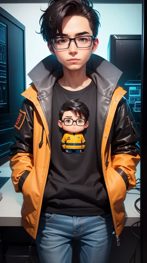 create me a boy programer with jacket on and glasses in front of the pc cartoony style