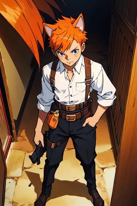 cat boy, short stature, orange hair, cat&#39;s ears, Waist holster