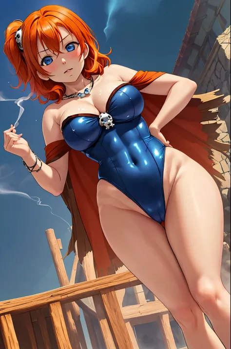 Masterpiece,best quality,Kousaka honoka, cowboy shot,(big breasts),blue eyes, orange hair, hair ornament,curvy body,wide hips,thighs, sexy, (strapless leotard), (cape), skull necklace , standing,hand on hip ,evil, smoke,dark sky with dark magic, in village...