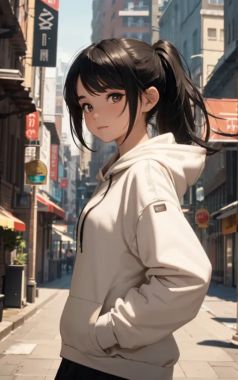 Unity 16K Wallpaper, Masterpiece, Best Quality, Ultra-Detailed, Extremely Detailed CG, Caustics, Cinematic Lighting, Detailed, Beautiful Detailed Eyes, 1girl, brown eyes, adorable, photorealistic, small breasts, (young girl, white Hoodie, beautiful black h...