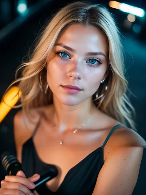 Blonde woman with blue eyes and freckled hair holding a baseball bat., Retrato suave 8 K, retrato de una bella modelo, retrato de 50 mm, color photograph portrait 4k, Beautiful portrait lighting, Retrato de 60 mm, retrato de 70 mm, cinematic portrait, rost...