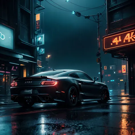 (Best quality,4K,8K,A high resolution,Masterpiece:1.2),Ultra-detailed,Realistic:1.37,Cyberpunk,Dark,Night,rain,futuristic city street,Dimly lit,glowing neon lights,Sparkling reflections on the ground，The image is black overall man with sports black car 